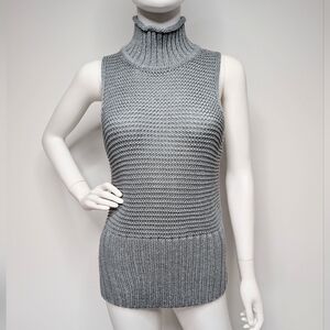 Sleek Form Fitting Bluish Steely Grey Sleeveless Rib Knit Turtleneck Sweater